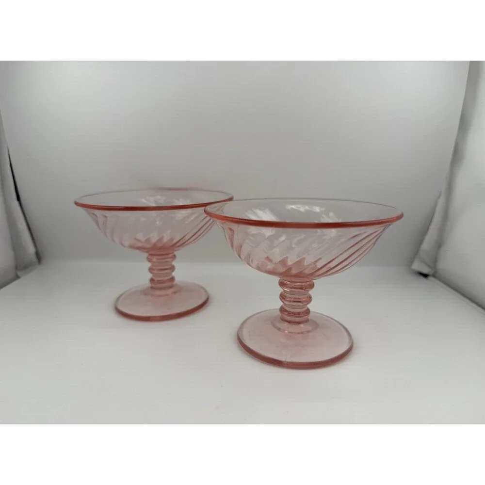 Set of Two Vintage Duncan Miller Swirl Compote Pink Depression Glass Pedestal